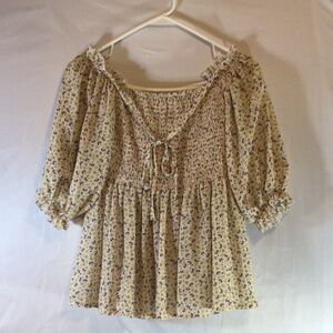 Smocked Floral Cottagecore Milkmaid Blouse Puff Sleeve Large Prairie Boho Flowy